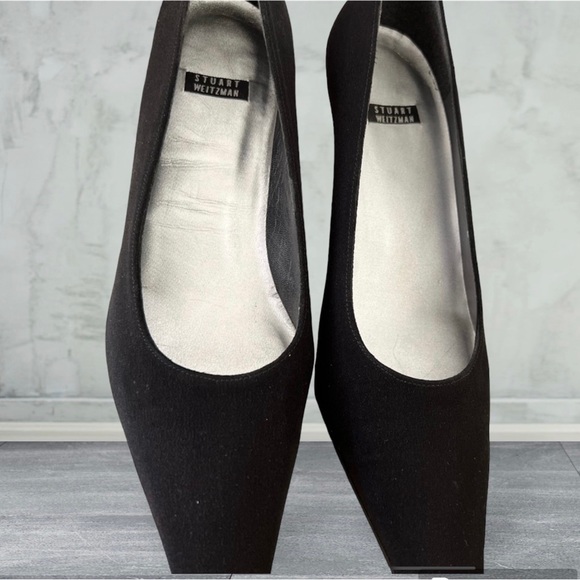 Stuart Weitzman Heels Pumps Vintage Black Fabric Square Toe Spool Heel - Picture 2 of 7
